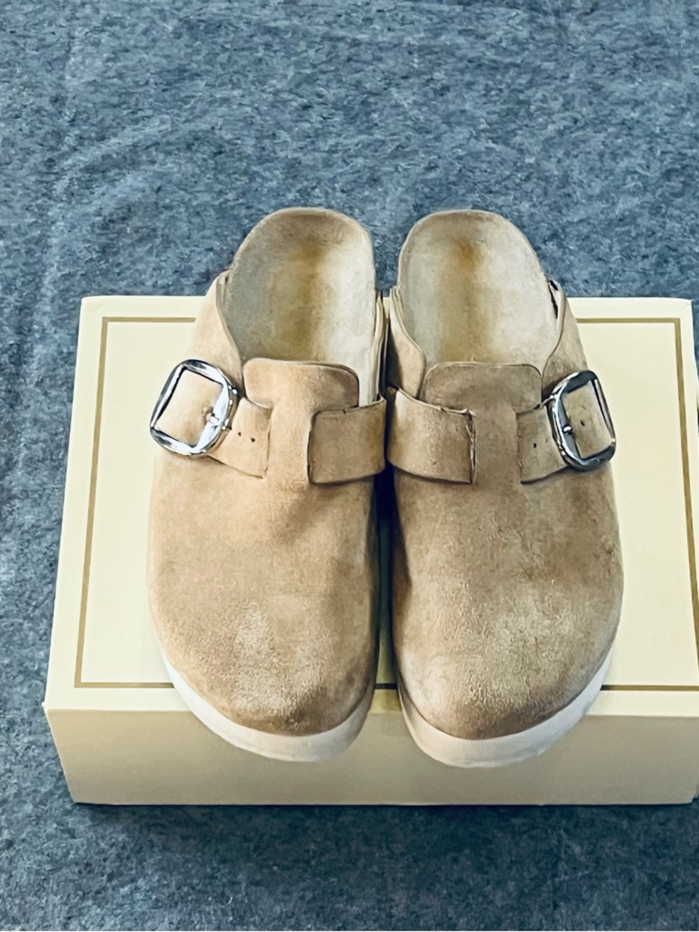 Madden Girl Beige Suede Slip-On Mule with Buckle - Picture 2 of 6